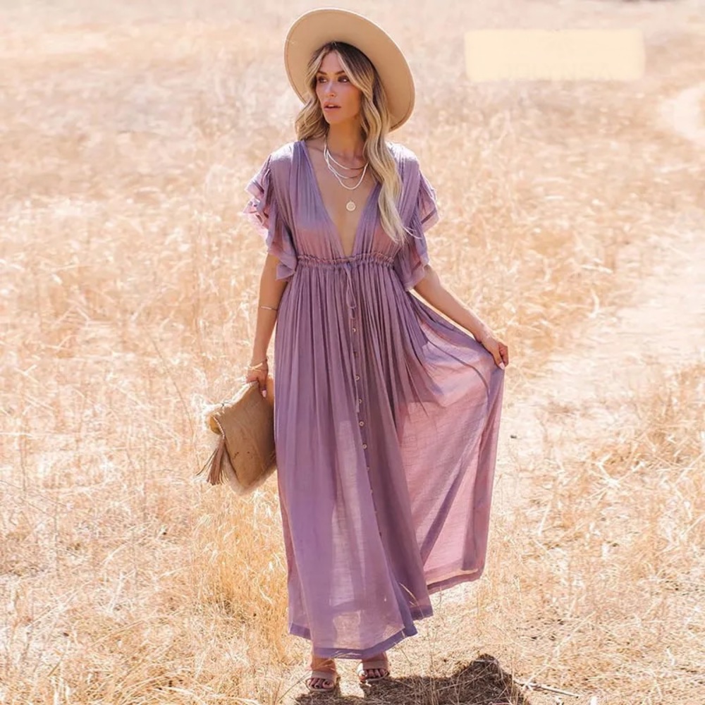 Butterfly Orchid Boho Gauze Button Front Flutter Maxi Dress W/Adjustable Tie - Picture 4 of 12